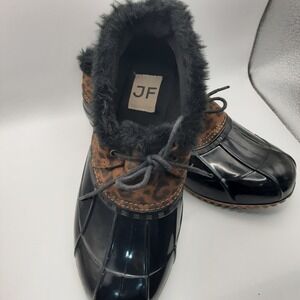 JF Womens Leopard Print Duck Boots Black Faux Fur Rain Boots Sz 7.5